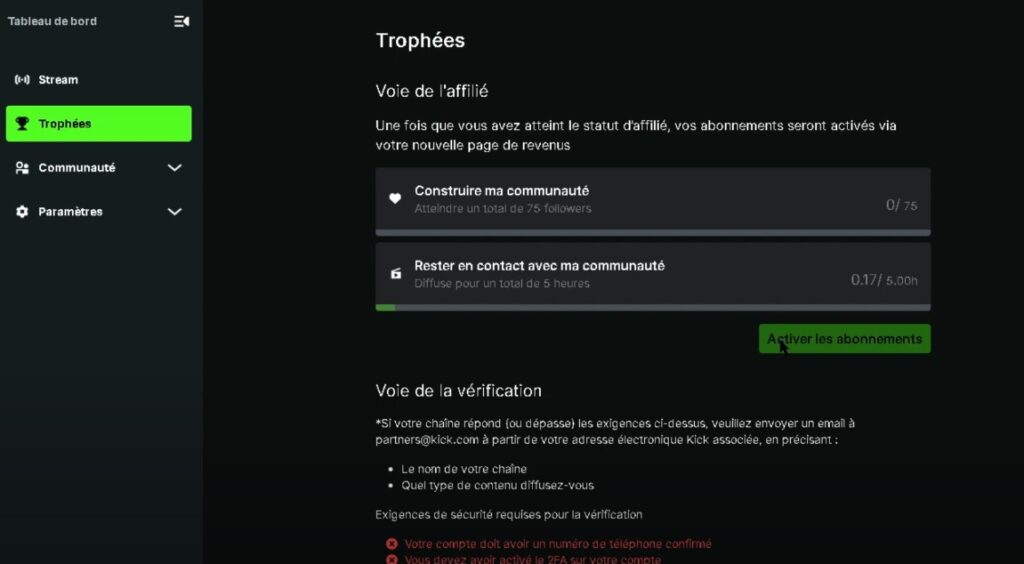 vérification compte streamer kick